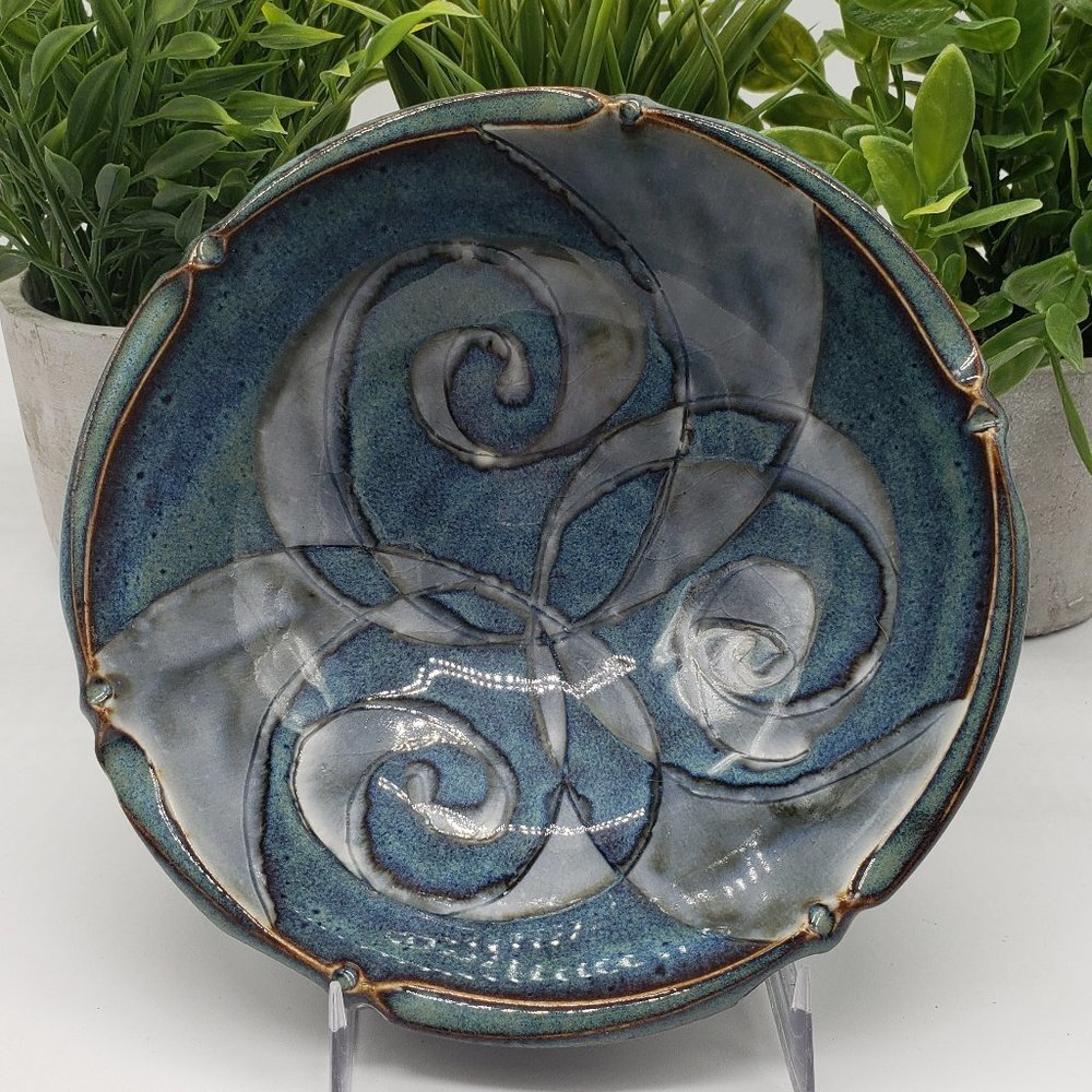 Castle Arch Pottery Triskele Blue Grey Scroll Decorative Art Pottery Bowl AS IS